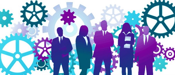 Shadow people dressed in business attire with gears in the background. Shadow people dressed in business attire with gears in the background.
