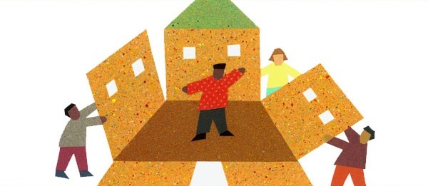 Cartoon, People folding together a house. Cartoon, People folding together a house.